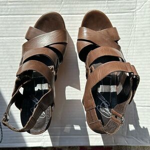 Donald Pliner brown wedge sandals; cork and leather “Gretel” size 6.5